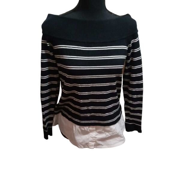 INC International Concepts B/W Striped Off Shoulder Layered Sweater Shirt, Sz L - Picture 2 of 10